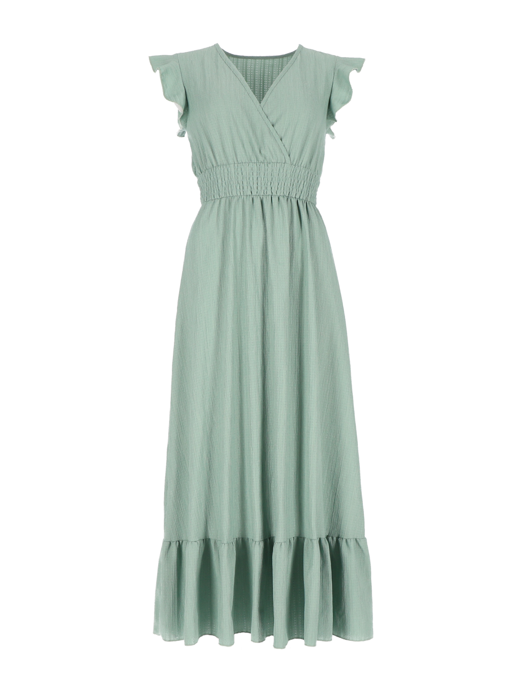 Maxikleid "Livia" mit Smokbund und V-Ausschnitt, Farbe salbeigrün