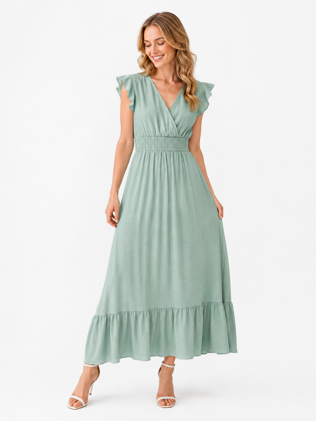 Maxikleid "Livia" mit Smokbund und V-Ausschnitt, Farbe salbeigrün