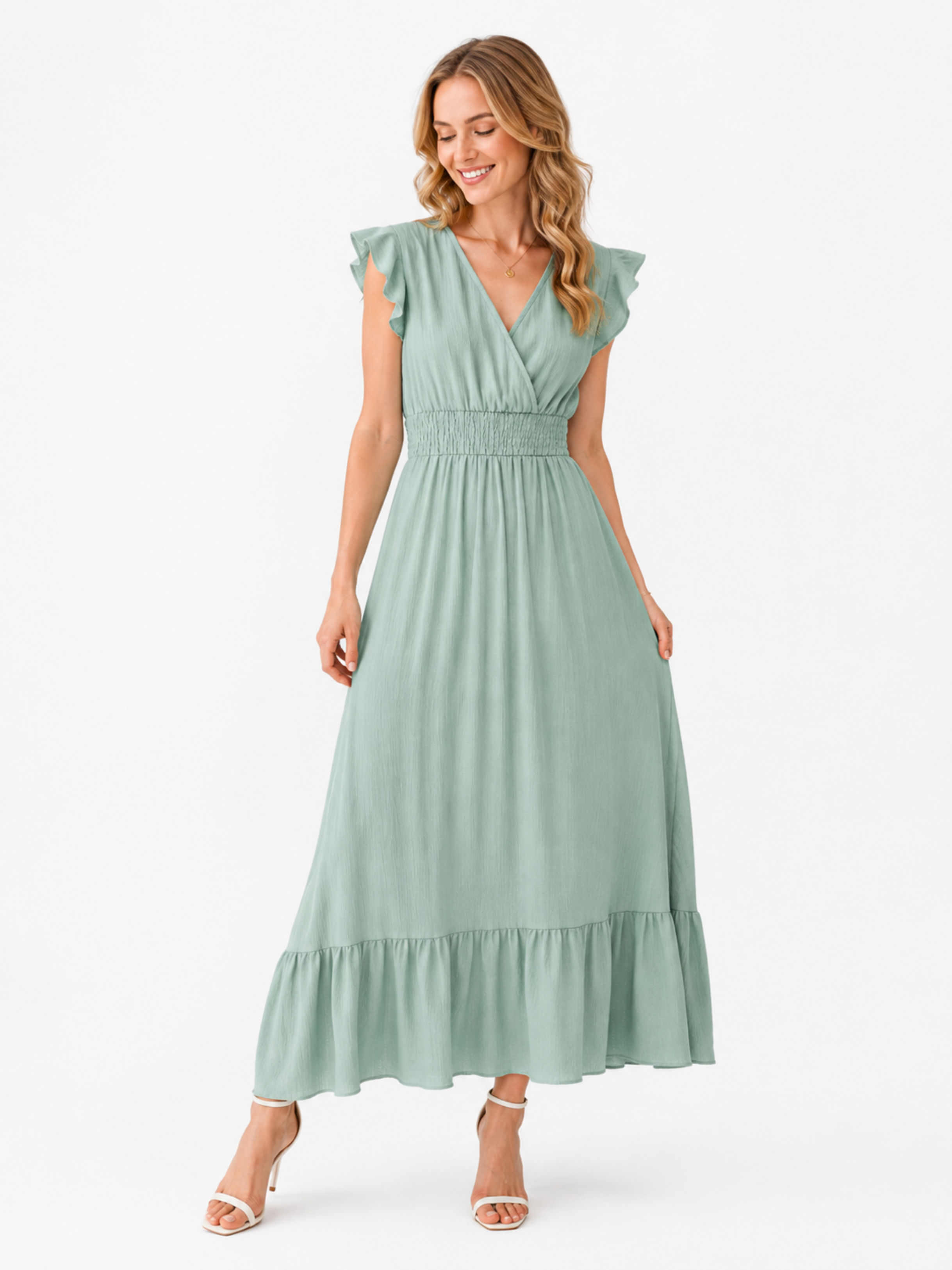 Maxikleid "Livia" mit Smokbund und V-Ausschnitt, Farbe salbeigrün
