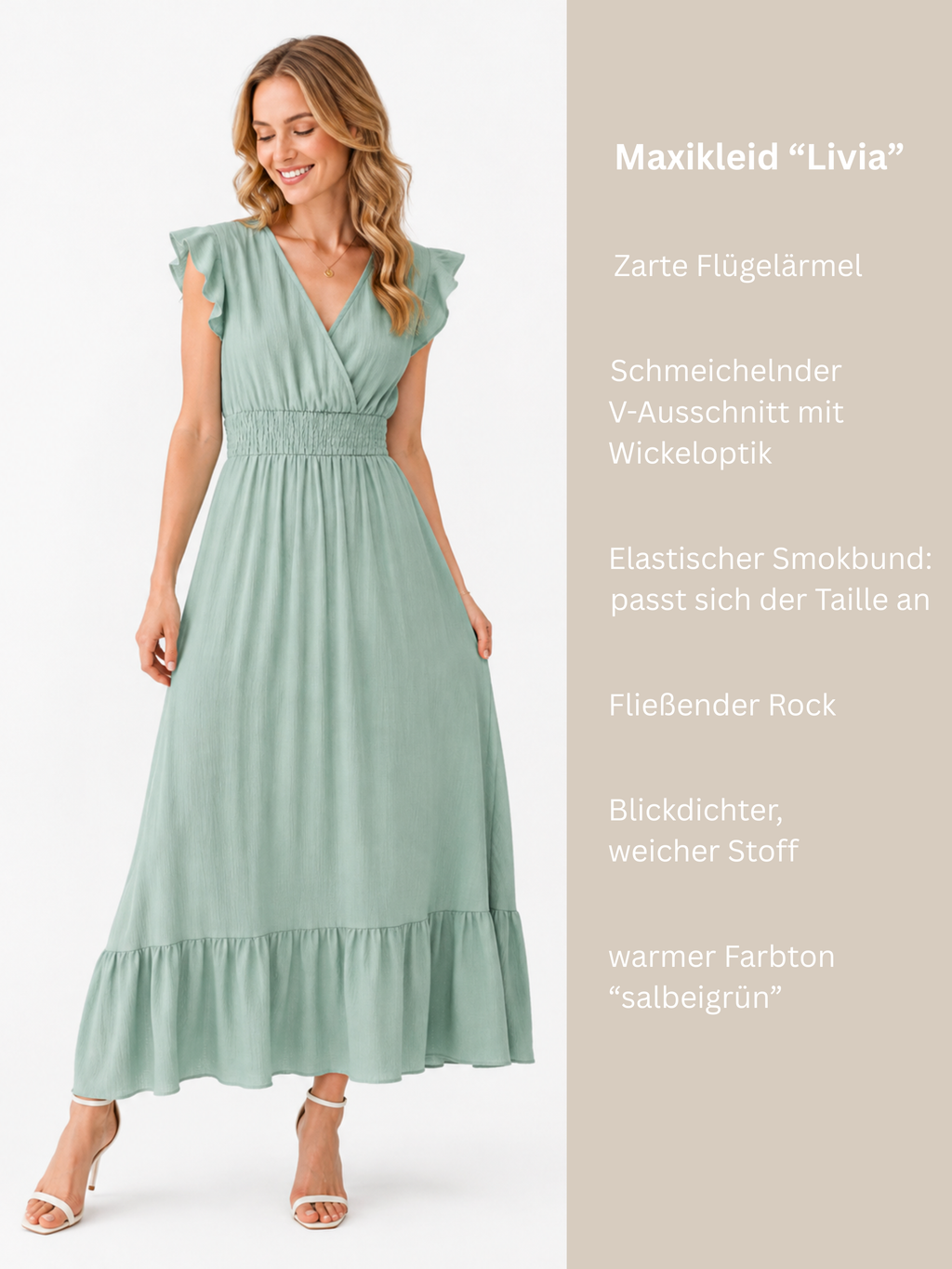 Maxikleid "Livia" mit Smokbund und V-Ausschnitt, Farbe salbeigrün