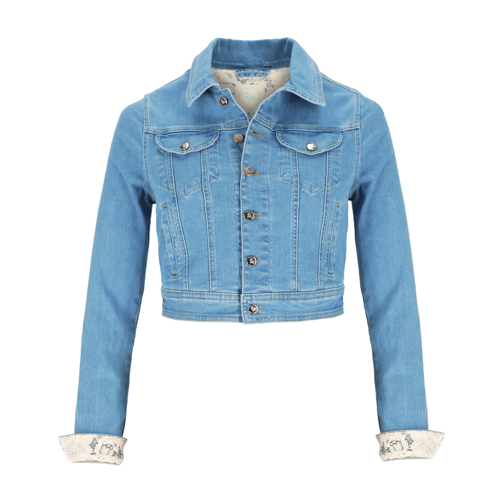 Jeansjacke Premium Brautjacke (made in Europe) Jeansjacke mit Spitze & Bestickung / Farbe hellblau