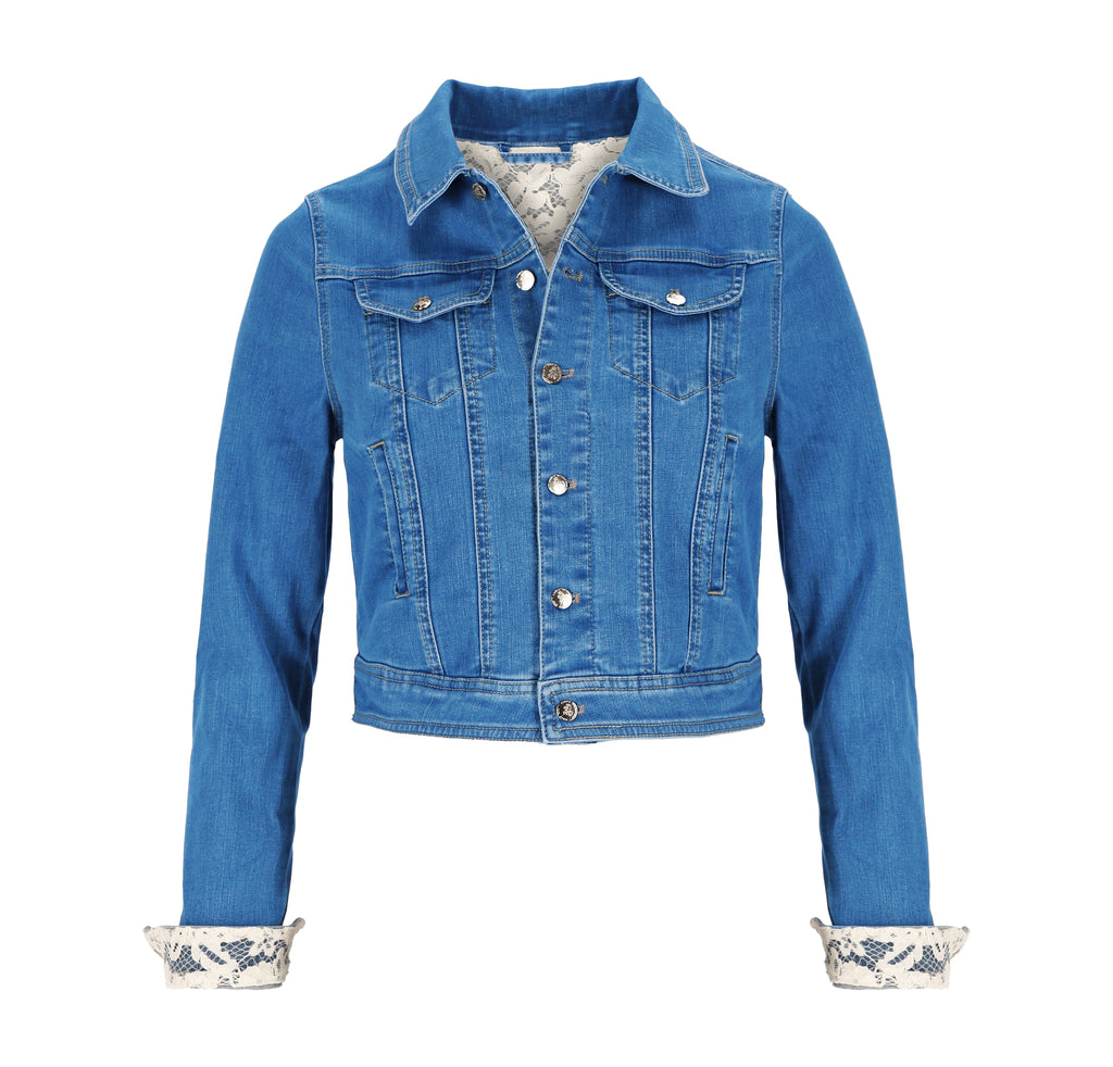 Jeansjacke Premium Brautjacke (made in Europe) Jeansjacke mit Spitze & Bestickung / Farbe blau