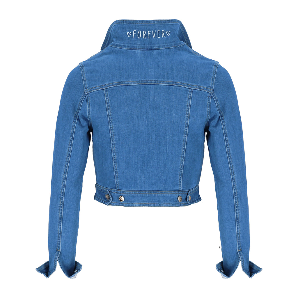 Jeansjacke Premium Brautjacke (made in Europe) Jeansjacke mit Spitze & Bestickung / Farbe blau